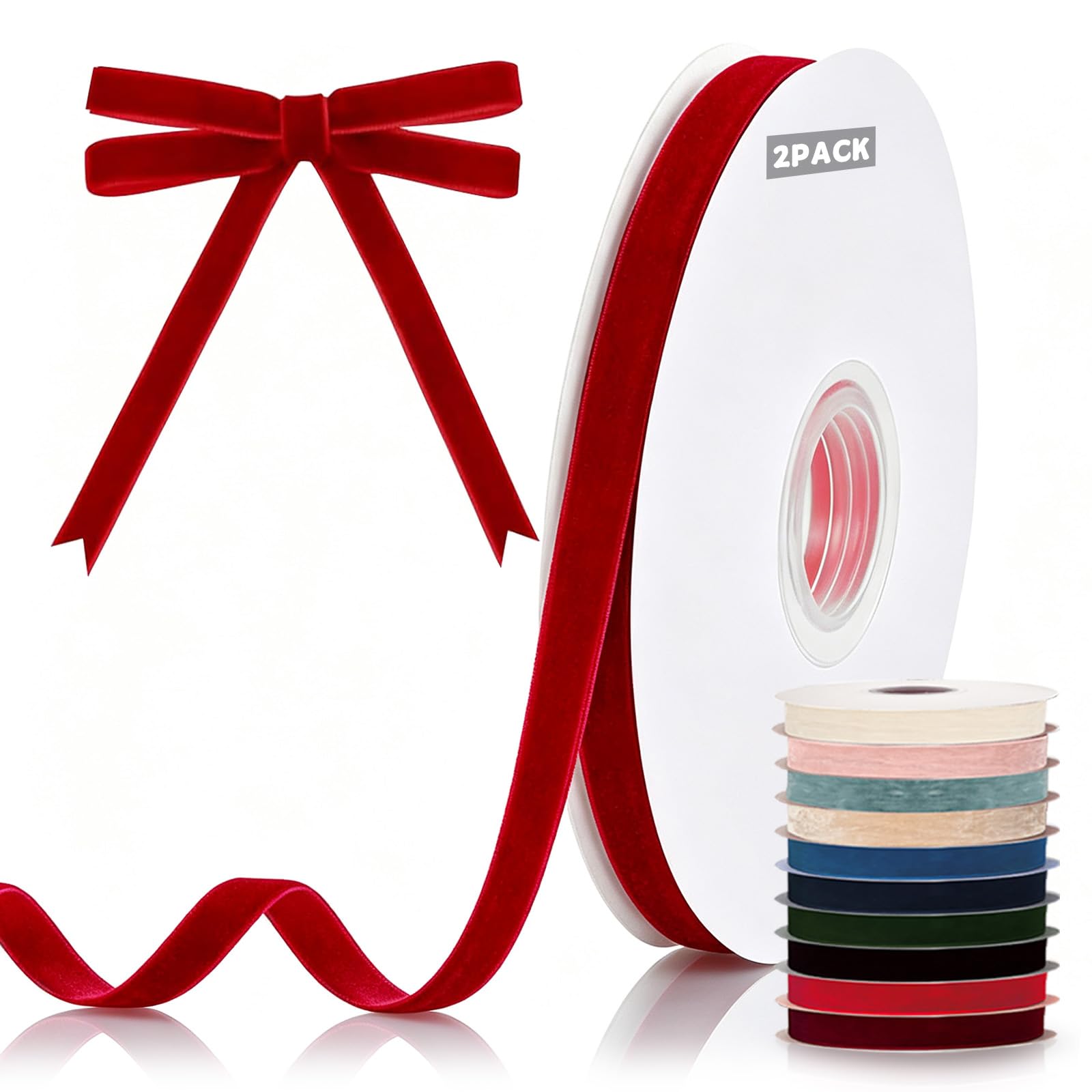 18mx10mm Wide Red Velvet Ribbon Thin Velvet Red Ribbons for Christmas Tree Bow,2 Roll 0.39 Inch Vintage Velvets Ribbon for Gift Wrapping Bows Crafting Wedding Bouquet Birthday Xmas Wreath Garland Bow