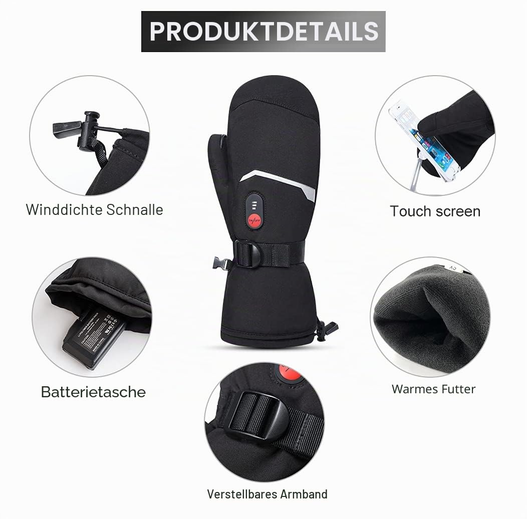 Beheizbare Ski-Fäustlinge – 7,4 V 2200 mAh Akku, 3 Heizstufen (40/50/60 °C), volle Finger-Heizfläche, wasserabweisend & Winddicht, Touchscreen, Verstellbarer Handgelenkriemen, Unisex Damen/Herren