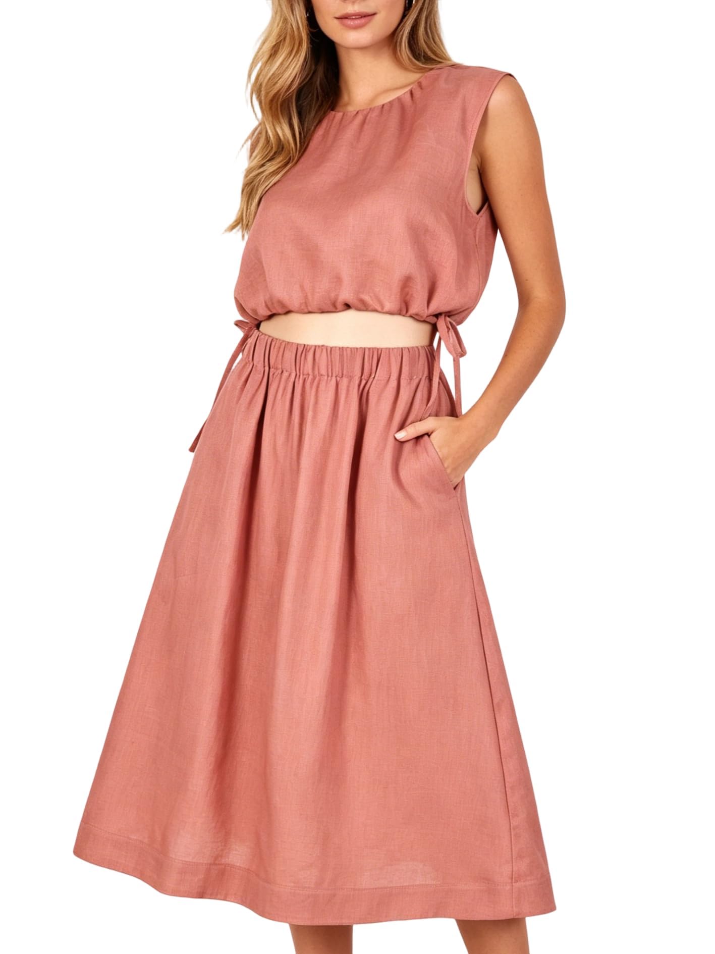 Amazhiyu Abito da donna in 100% lino, due pezzi, top corto e gonna midi con tasca