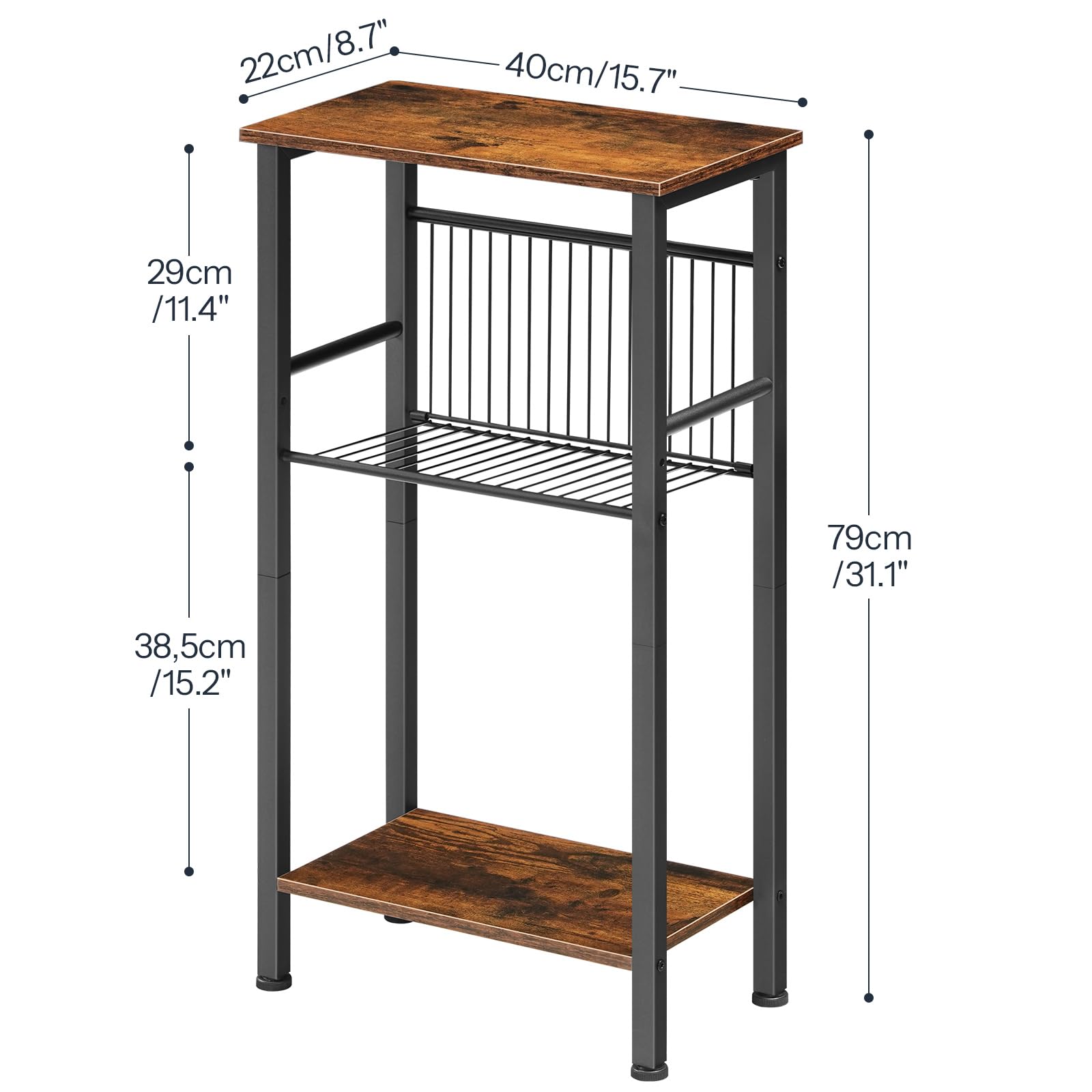 HOOBRO Console Haute et Étroite à 3 Niveaux de 40 cm, Étagère Ouverte, Étagère Réglable en Filet, Pieds Réglables, Anti-Basculement, pour Couloir, Salon, Canapé, Marron Rustique et Noir EBF41XG01