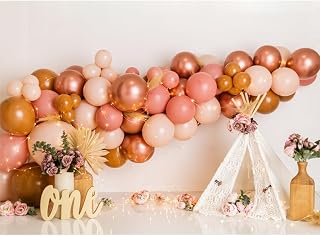 7x5ft Bohemian First Birthday Backdrop for Girls Boho Style Rose Gold Balloons 1st Birthday Party Decoration Baby Shower Background Cake Smash Photo Shoot Props