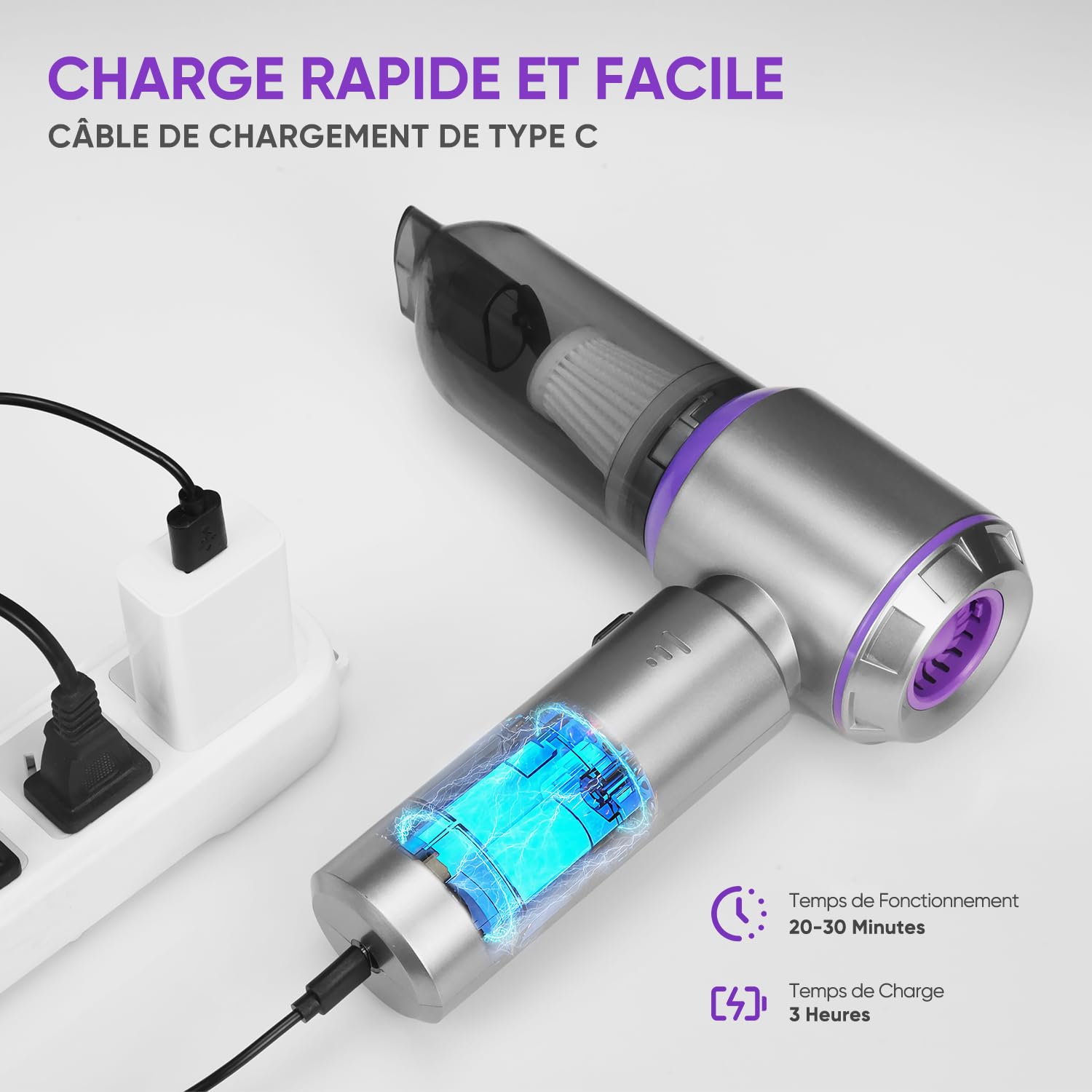 oGoDeal Aspirateur Voiture, 26000PA Aspirateur à Main Puissant sans Fil Portable, Mini Aspirateur de Voiture à 3 Niveaux Réglables avec 4 HEPA Filtre pour Voiture, Cuisine, Maison et Poils d'animaux