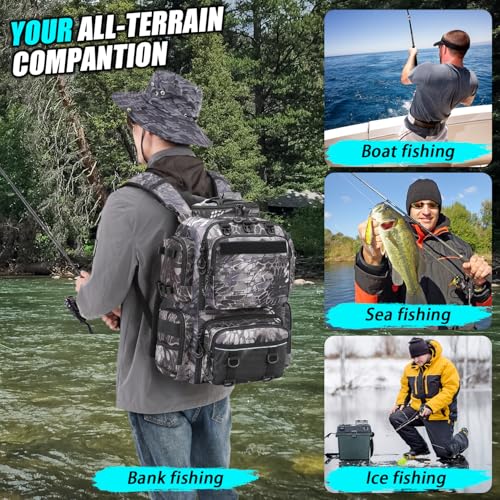 Image of Tactical Fishing Backpack with 4 Tackle Boxes, Rod Holders & Bottle Holder