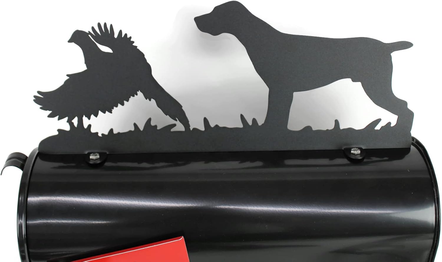 Pet Companion Dog Breed Style Metal Mailbox Topper (German Shorthair and Pheasant, Matte Black)