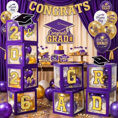 Graduation Decorations Class of 2026 Purple and Gold Balloon Boxes and Arch Garland Kit for High School & College, Congrats Grad Table Decorations with 4 String Lights, GRAD So Proud of You Letters