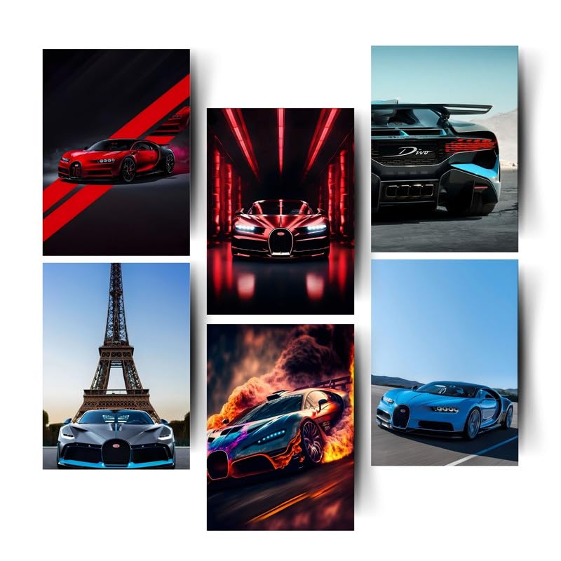Aonami Pack of 6 A4 Size 300 GSM Matte Paper With Glue Dots Sports Car Poster for Wall, Cars Posters for Room Decor Aesthetic Items for Boys Bedroom For Ferrari and BMW Fans C205