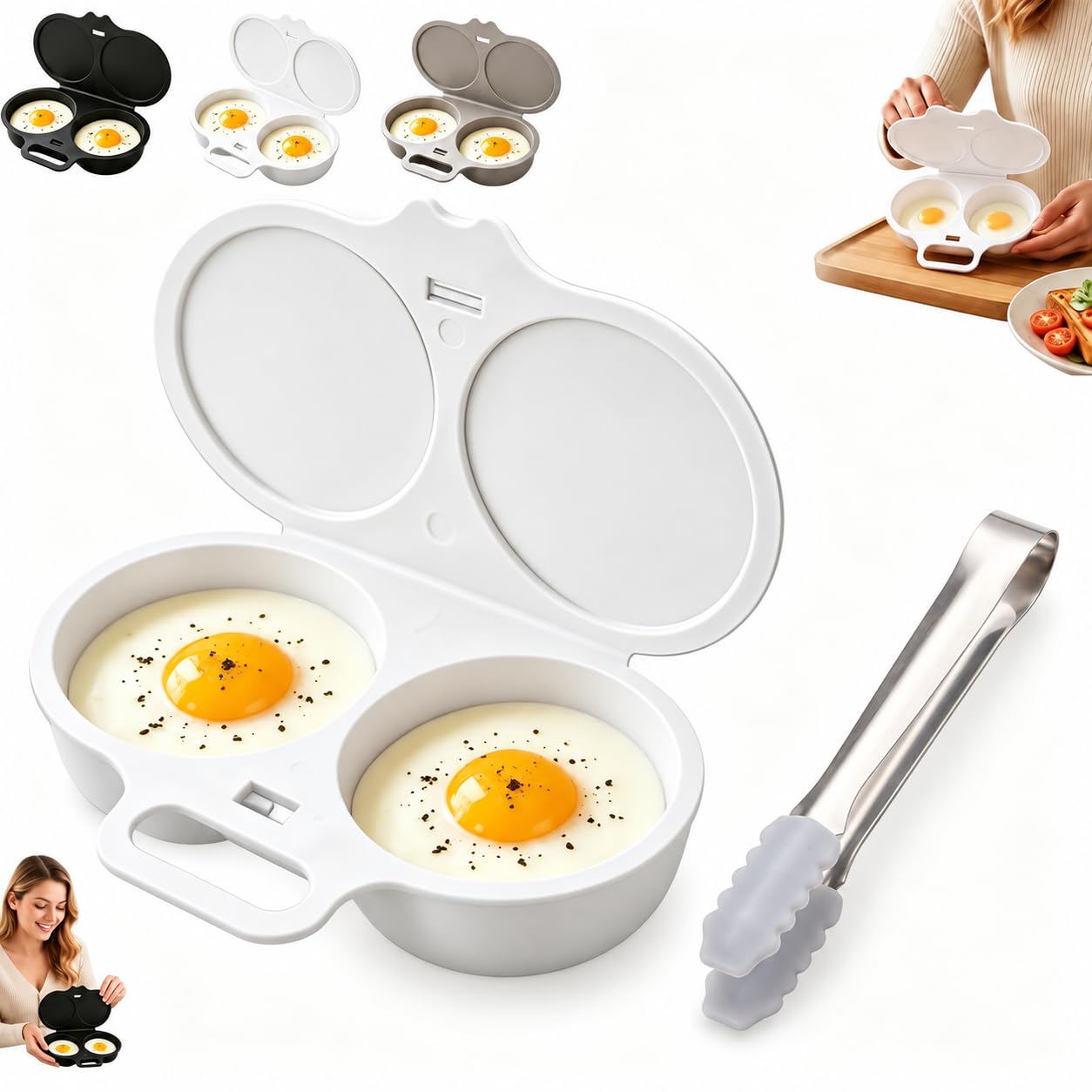 Microwave Egg Poacher, Dual Cavity with Lid and Handle (white＋clip)
