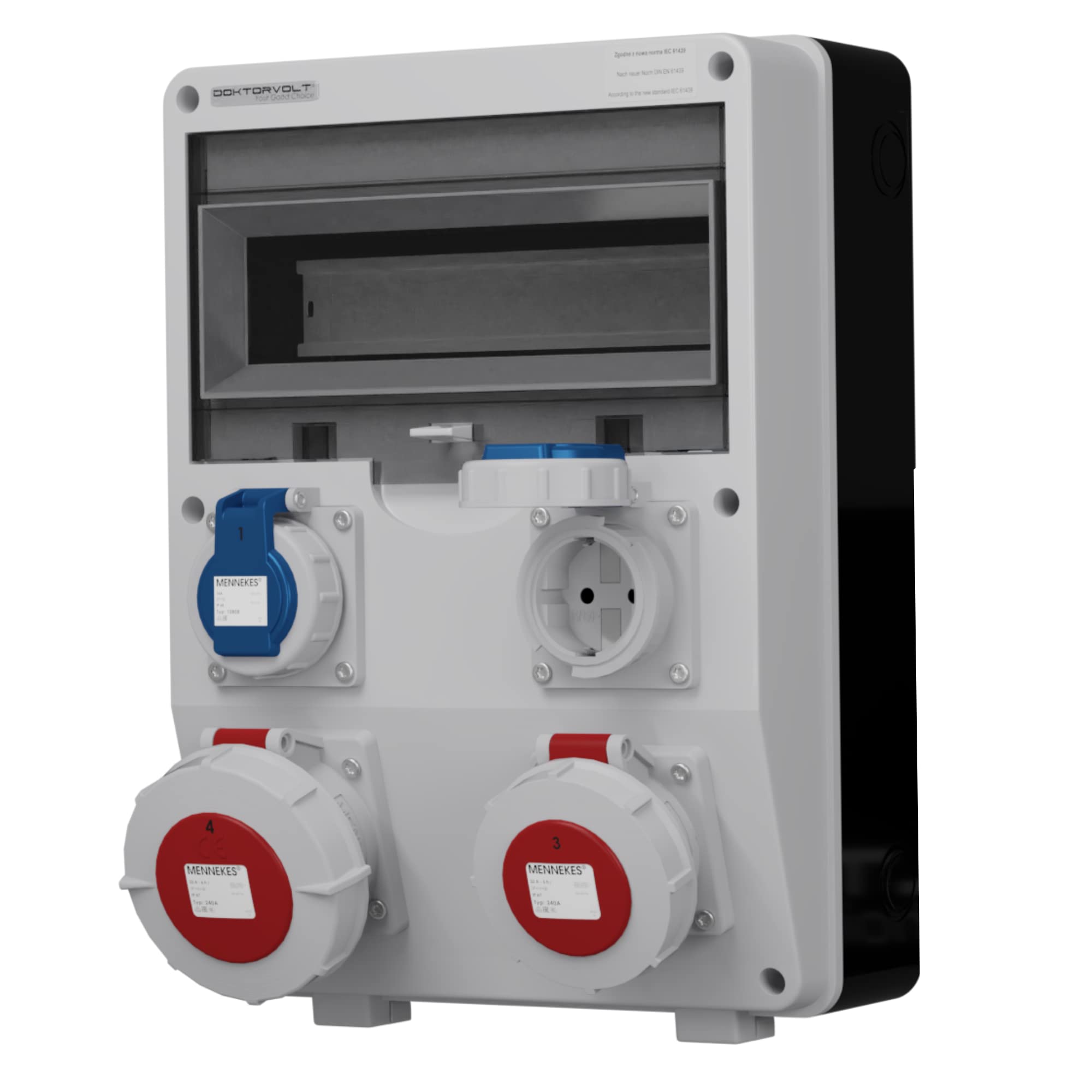 Doktorvolt Baustromverteiler TD 2x230V/16A 1x400V/16A 1x 400V/32A CEE mit TH/TS 35 Schiene und IP65 Schutzklasse für Baustellen, Werkstätten und Industriebetriebe