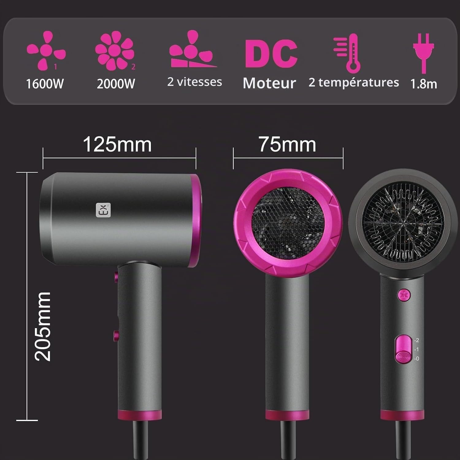 Sèche-cheveux Professionnel 2000 W, Moteur DC, 2 Embouts (Buse de Coiffage et Diffuseur), 2 Vitesses, Réglages de Température, Protection contre la Surchauffe, Sèche-cheveux de Voyage