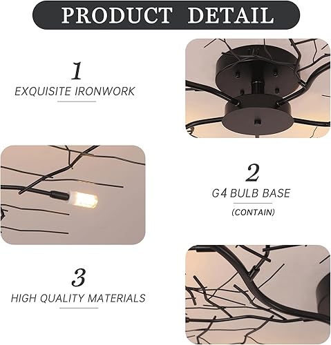 Miniatura 4 de Lámpara de techo de 36 pulgadas con forma de rama, estilo retro creativo, con diseño de flores y vides, para uso en dormitorio, lámpara de techo