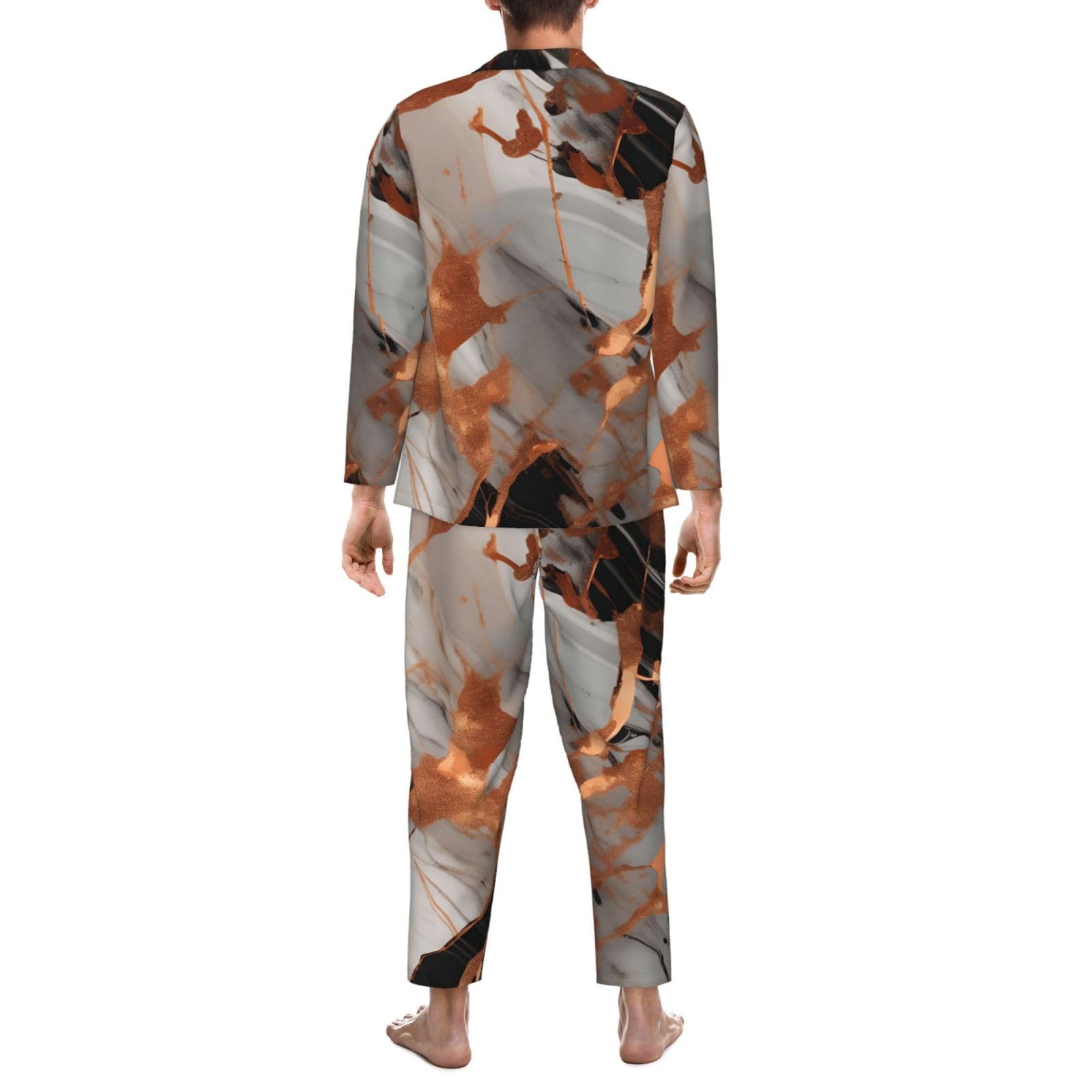 Herren-Pyjama-Set mit Marmor-Textur, Kupferspritzer-Druck, langärmelig, zweiteilig, Hauskleidung, bequeme Nachtwäsche, Nachtwäsche
