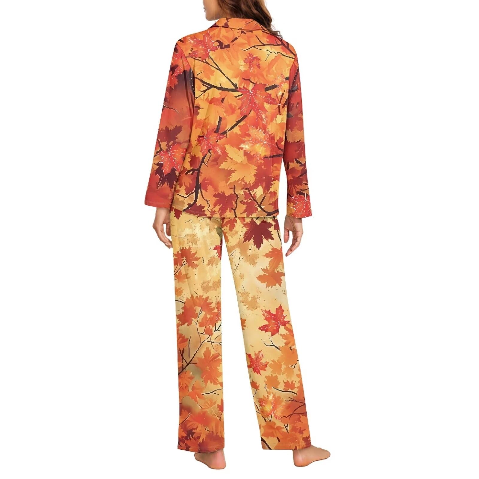 Biyejit Conjunto de pijama para mujer, estilo casual, con botones, cuello en V, bolsillos y bolsillo, tallas XS-4XL, 2 piezas, Hojas de arce otoñales, 4XL