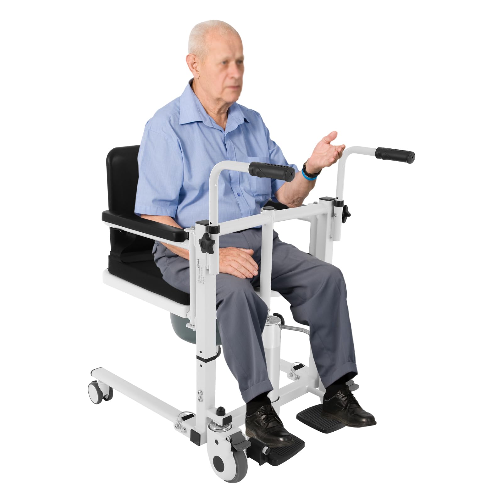 Silla elevadora hidráulica para pacientes mayores, altura regulable, reposabrazos de 3 niveles, respaldo de 180°, plegable, con ruedas y orinal, 150 kg