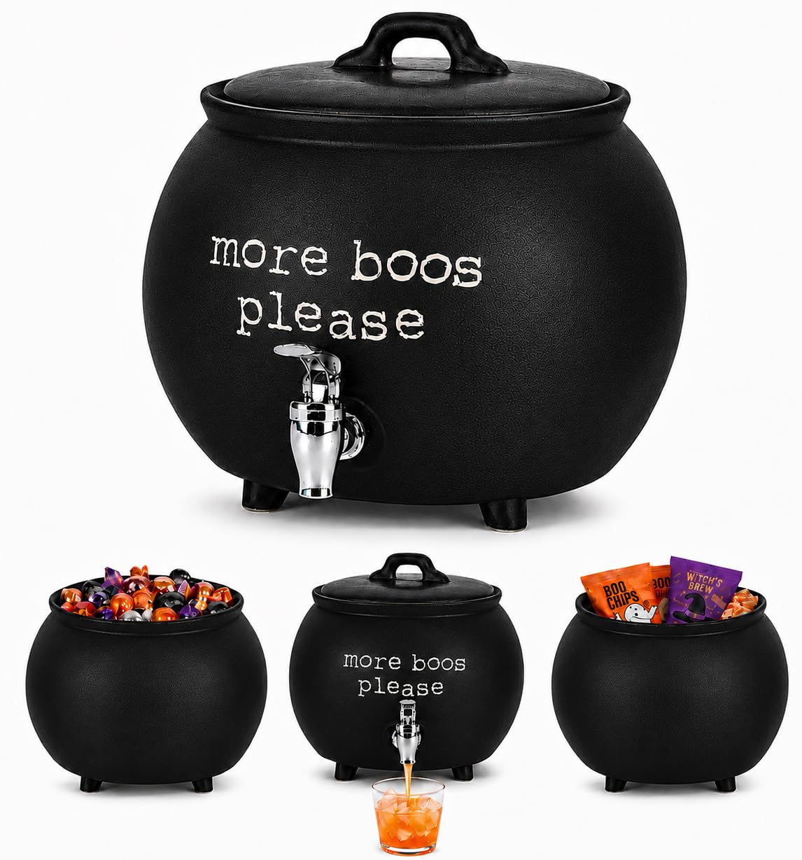 Black Ceramic Cauldron Beverage Dispenser &amp; Candy Bowl With Easy Flow Spigot &amp; Lid / “More Boos Please” Halloween Drink Dispenser Great For Parties, Bars &amp; Daily Use 1.5 Gallon