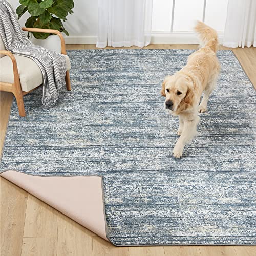 Gorilla Grip Abstract Area Rug, Slip-Resistant, Durable Rubber Backing, Soft Boho Accent Rugs, Low Profile, Fade, Shed Resistant, Vintage Design, Turkish Carpet for Rooms, 2.3 x 3.3, Indigo Ivory