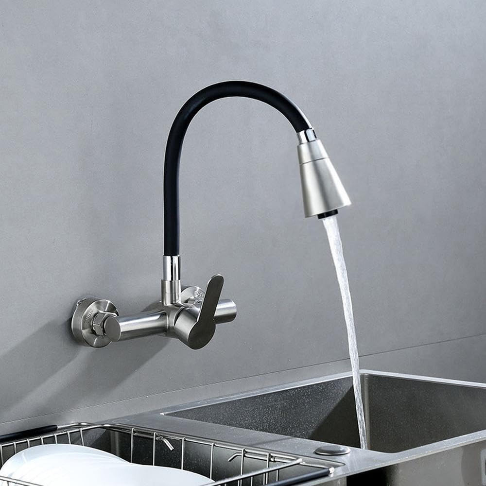 Rubinetto Da Cucina Nero A Parete HomeLava – A Doppio Snodo, 360° Girevole, Maniglie Ergonomiche, Corpo In Ottone, Ideale Per Riempire Pentole