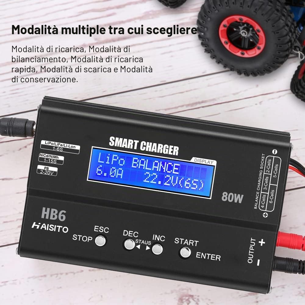 Haisito Caricabatterie Lipo 80W 6A Lipo Balancer per batteria Lipo/Li-Ion/Life (1-6S) e NiMH/NiCd (1-15S), caricatore RC con schermo LED, alimentatore e adattatore XT60 / Deans/JST/Futaba