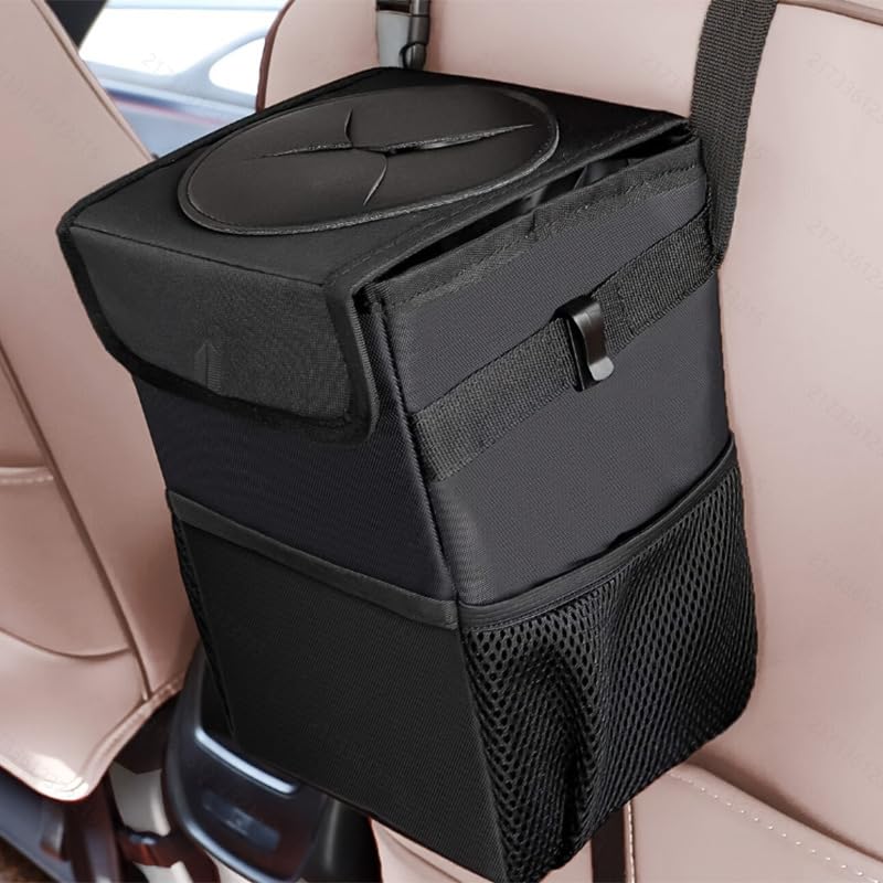 Image of Car Trash Can with Lid and Storage Pockets - 100% Leak-Proof Organizer, Waterproof Trash Can, Multi-Purpose Car Trash Can, 2 Gallon, Black