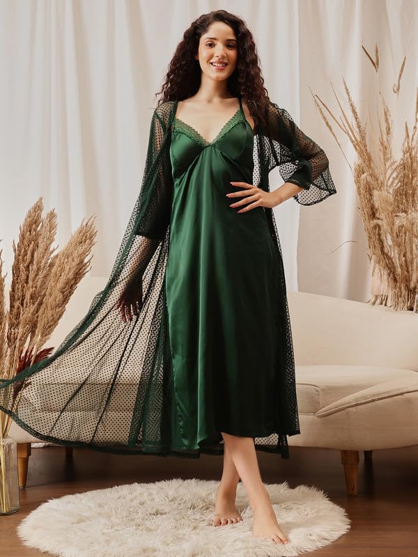 Image of Clovia Women Satin Night Suit- Top & Pyjama Set, Bottle