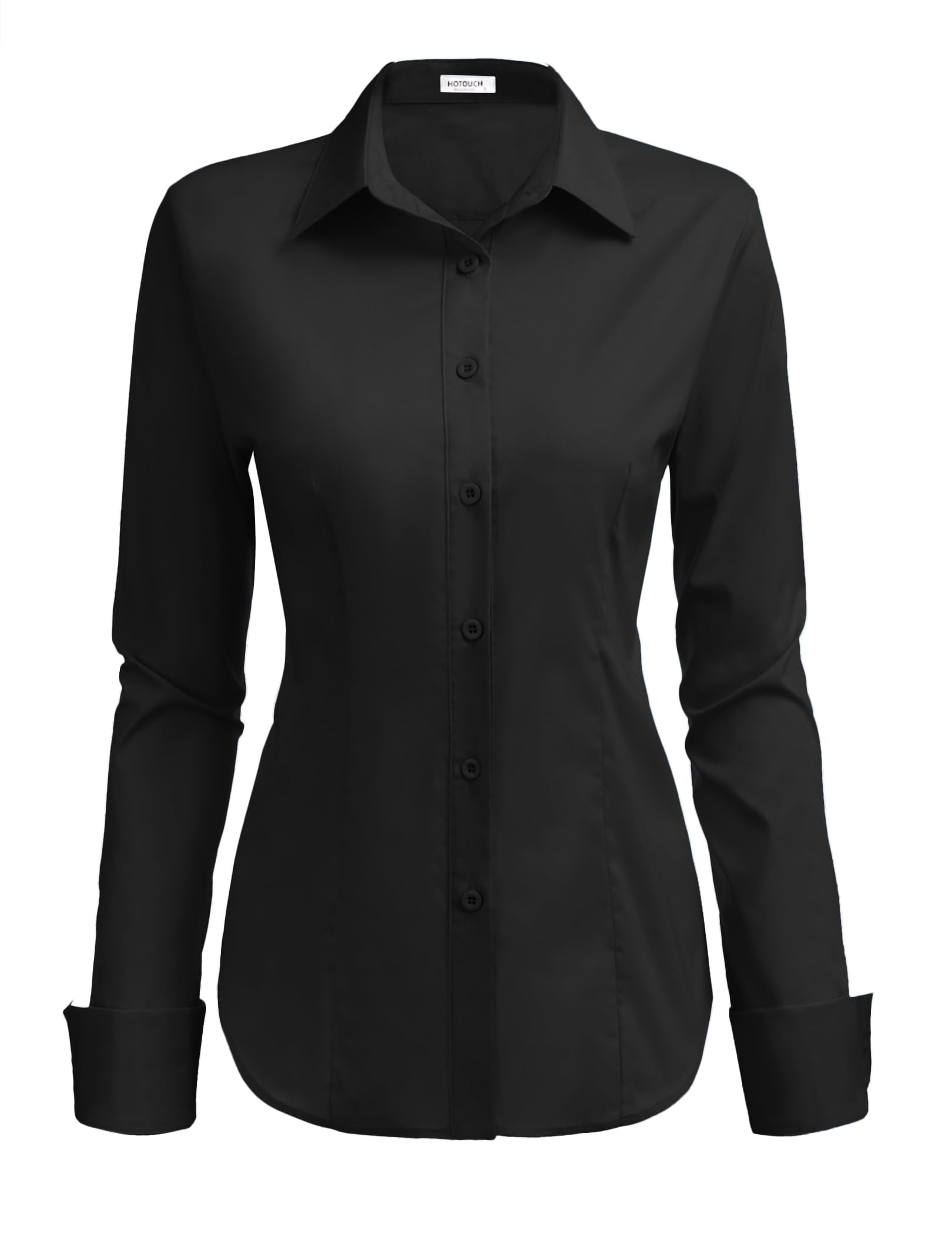 Hotouch Womens Cotton Basic Button Down Shirt Slim Fit Dress Shirts, Black (Stretch Fabric, a Size Up for Relaxed Fit), Medium