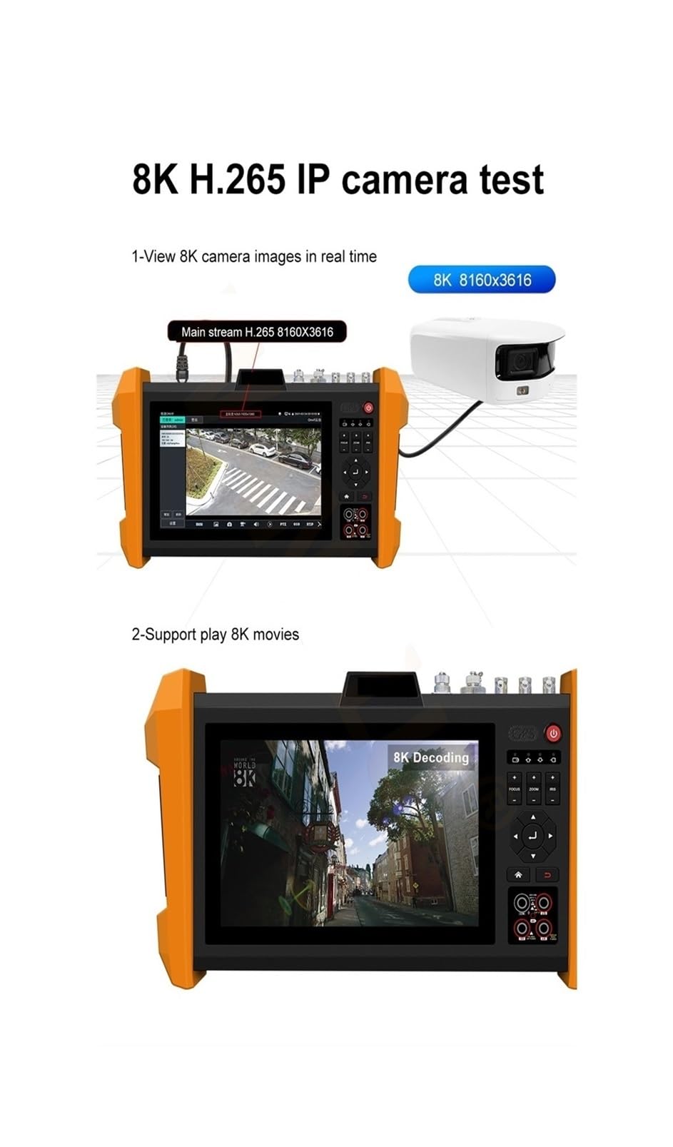 Tester CCTV, 7-calowy 8K tester CCTV H.265 Wielofunkcyjny | Z moduł optyczny SFP AHD CVI TVI SDI Generator pasków kolorów w jednym monitorze testowym do testowania kamer CCTV i IP.