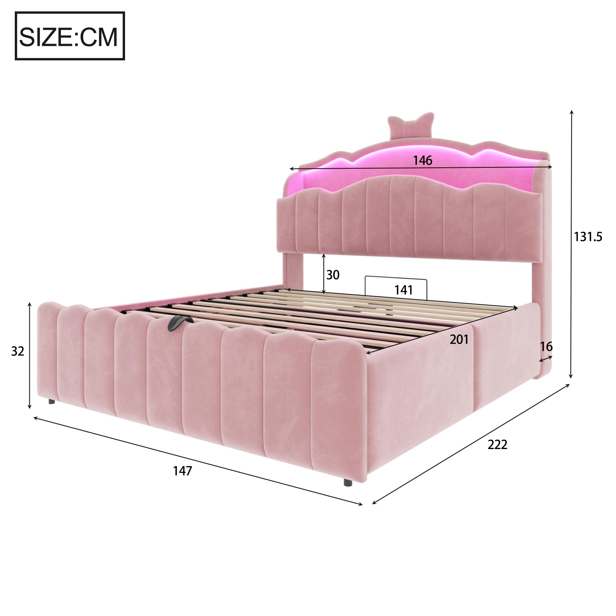 Cama Canapé 140x200 Cama Tapizada con Almacenamiento Integrado Double Bed con Elevación Hidráulica con Compartimento Abatible con Cabecero y Compartimento Abatible Estudio