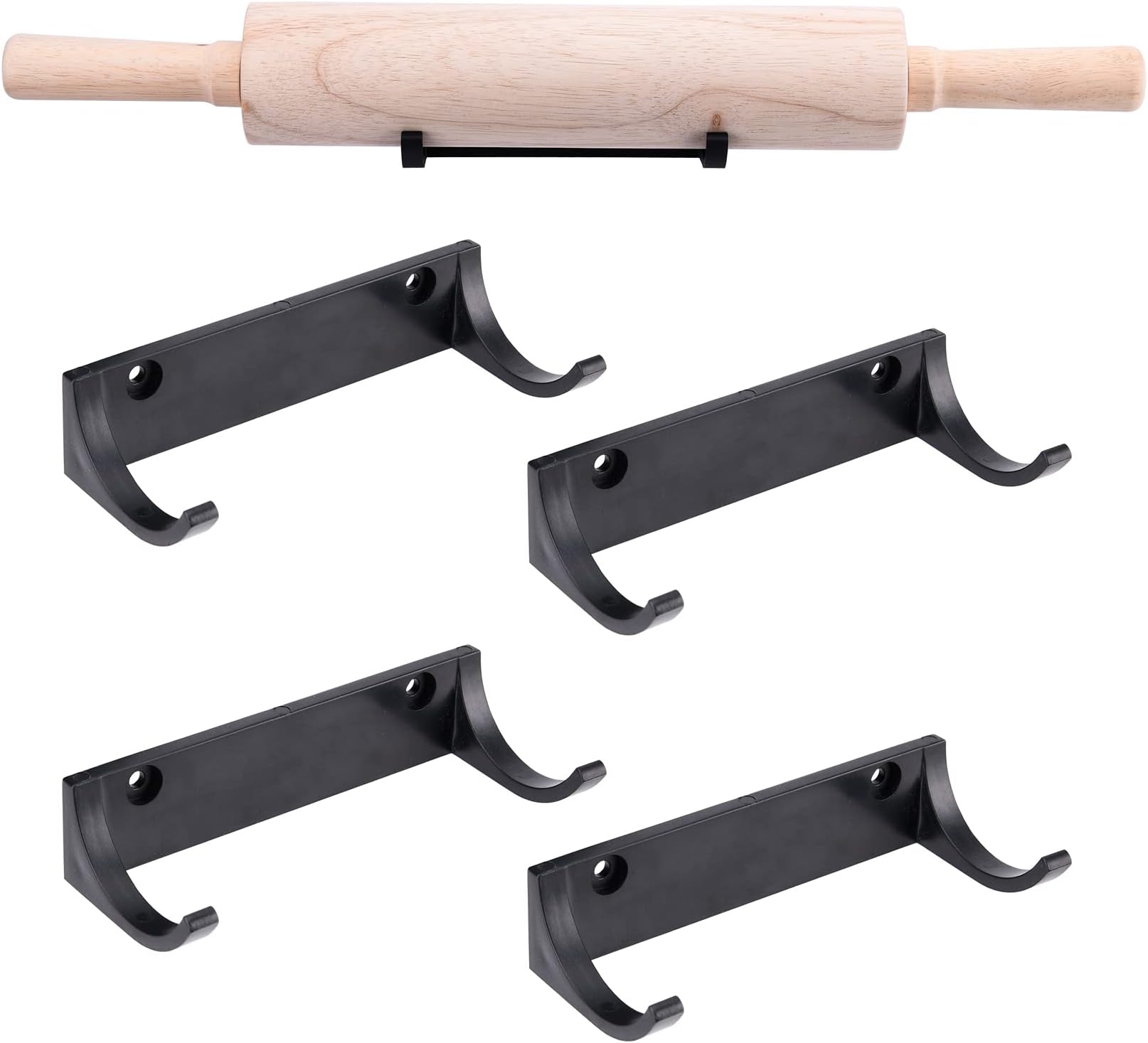 LEKUSHA Horizontal Rolling Pin Wall Mount Holder Rolling Pin Display Rack Hook Hanger Storage, Black Pack of 4