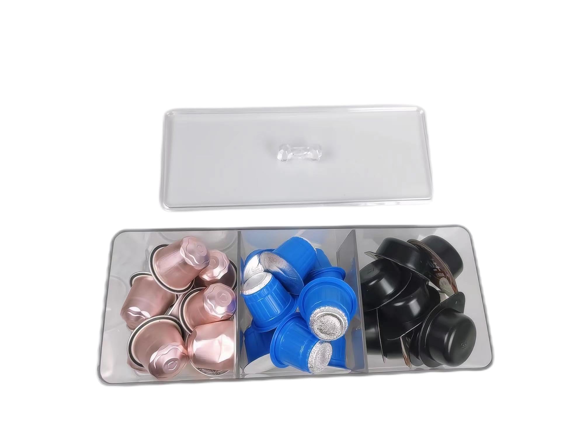 Photo 1 of Coffee Pod Holder Organizer Storage Basket Compatible with Nespresso Capsule Creamer for Coffee Station Counter Countertop with Lid Clear Acrylic Cafe Bar Accessories 9.1" L x3.5 W x 2.4" H
