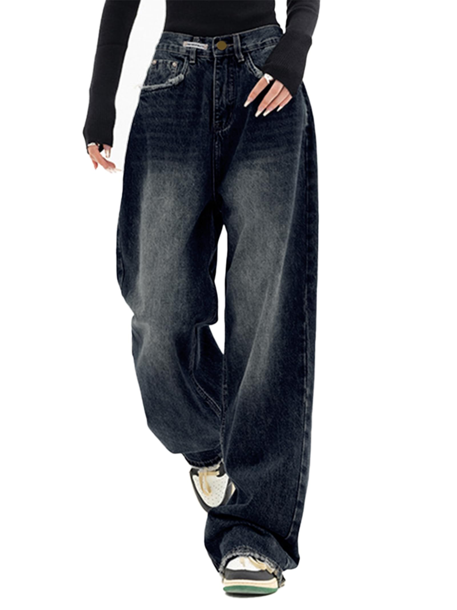EMMIOL Baggy Jeans für Damen mit weitem Bein und mittlerer Leibhöhe Vintage Hose