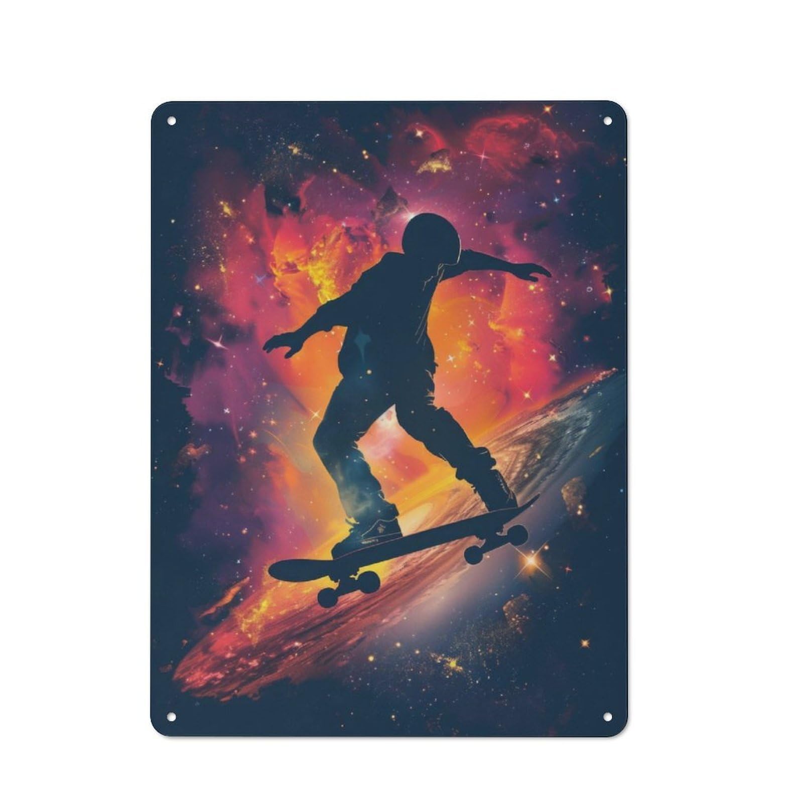 Junmoney Skateboard Galaxy Silhouet Modern Retro Metal Wall Art Sign 40X30cm, Studio Wall Art For Modern Home, Workshop, Office Or Cafe