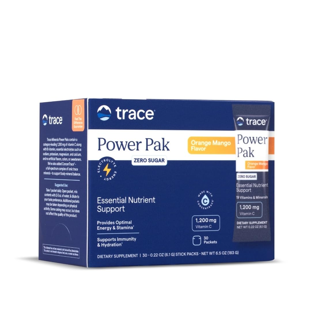 Power Pak Multivitamin and Multimineral Packets - Electrolyte Support - 1200 mg Vitamin C plus 70+ Trace Minerals - Sugar Free - Orange Mango Flavor - 30 Packets