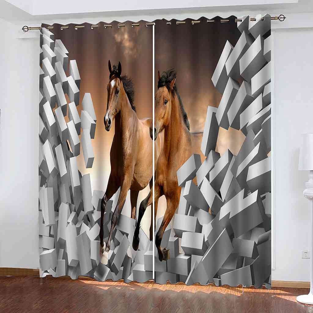 Rideau occultant enfant 200x160 cm motif cheval en 3D à oeillets pour chambre