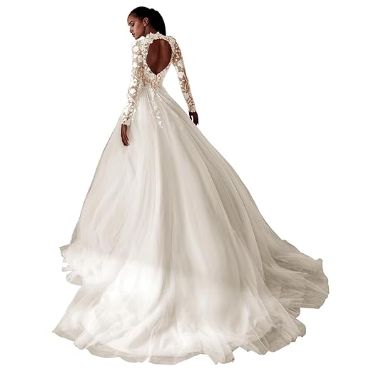 Zeeyecie Long Sleeve Tulle Wedding Dresses for Bride Lace Applique Backless A-Line Floor Length Long Bridal Gowns with Train 2 Zeeyecie Long Sleeve Tulle Wedding Dresses for Bride Lace Applique Backless A-Line Floor Length Long Bridal Gowns with Train
