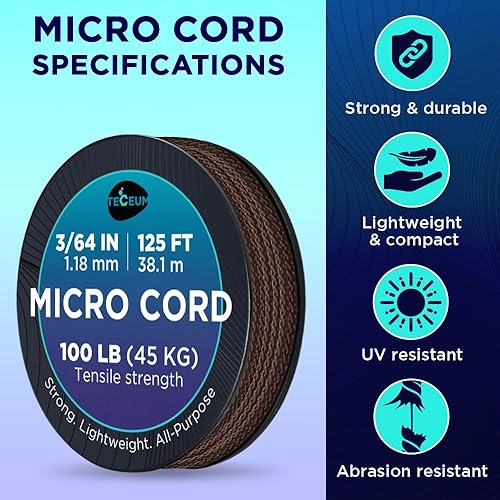 Miniatura 117 de TECEUM Micro Paracord – 0.046 in x 125 pies – Micro cable de utilidad – Cuerda de paracaídas trenzada fina – Lo mejor para manualidades, proyectos