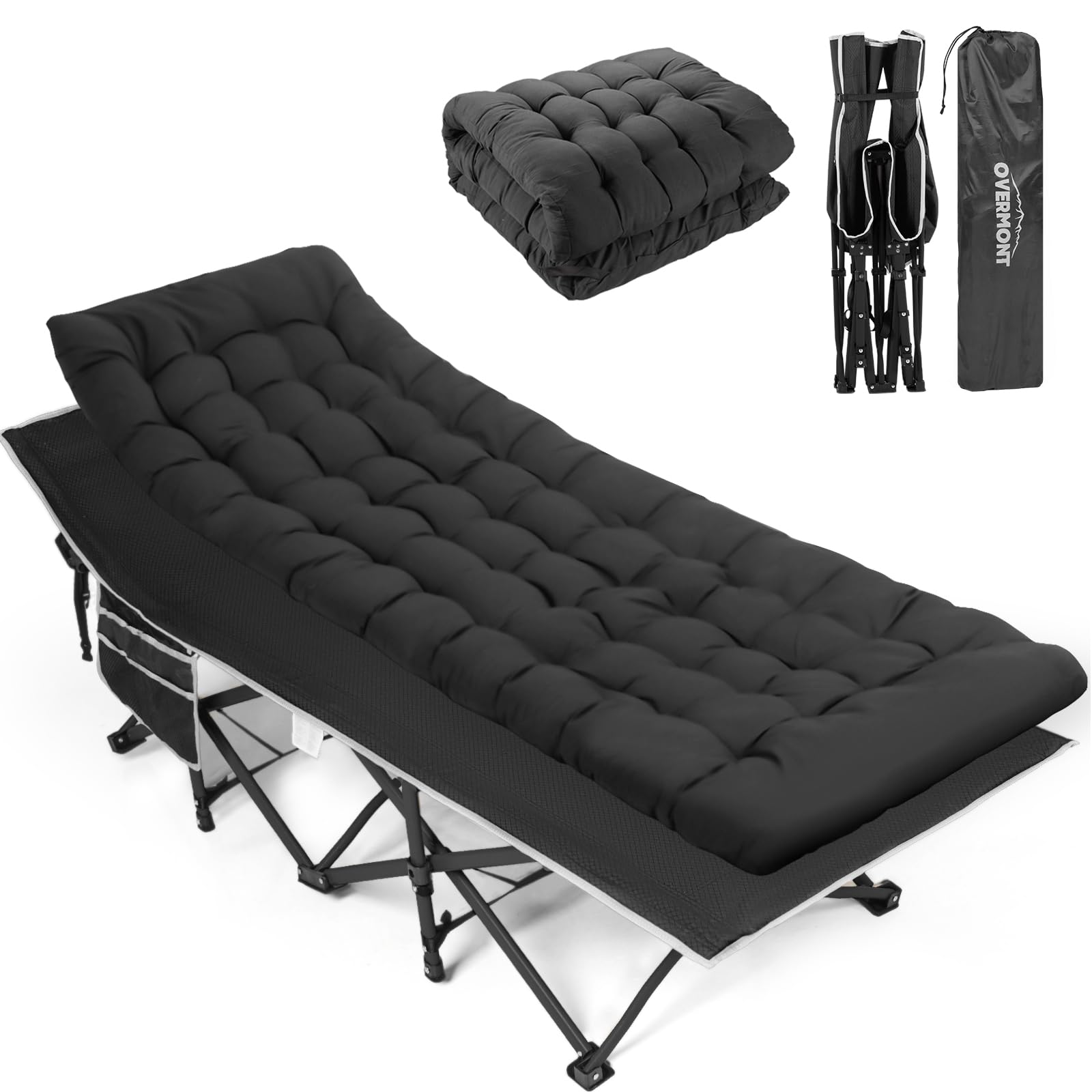 OVERMONT Składane łóżko kempingowe z materacem - 190 x 71 x 36 cm - obciążenie 250 kg - tkanina Oxford 2400D z kieszenią boczną - torba transportowa