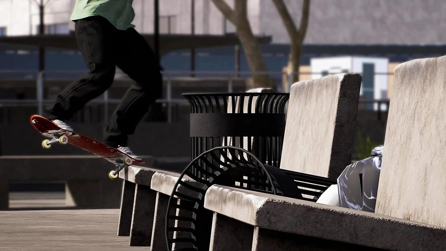 Skateboarder grinding on a concrete bench in an urban setting.