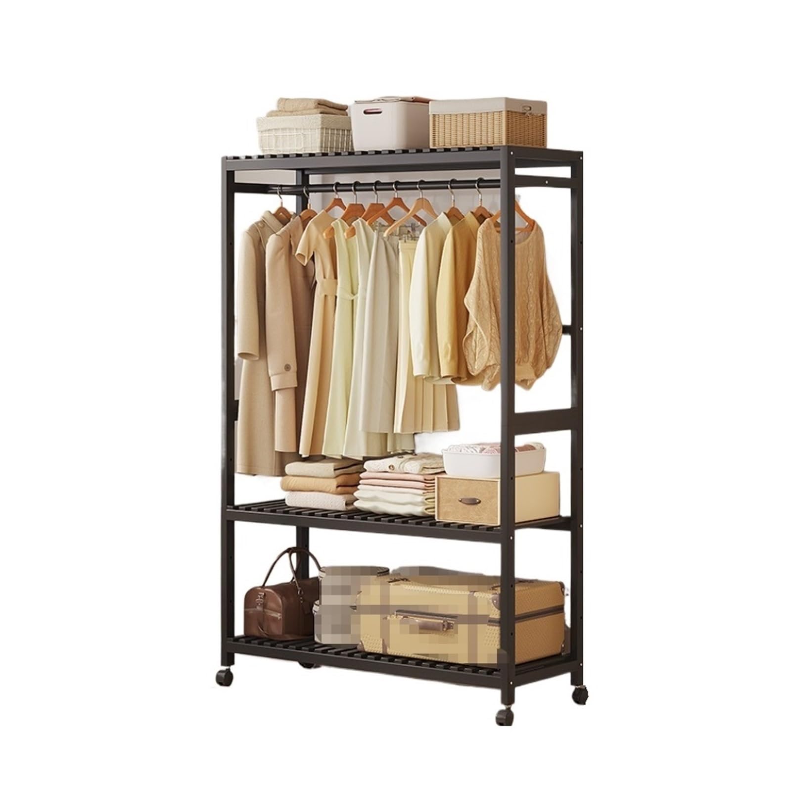 Perchero rodante funcional para organizar tu ropa en este armario portátil negro de 160x83x34cm.