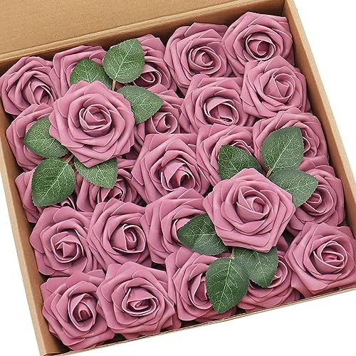 D-Seven Artificial Flower 50pcs Mauve Roses with Stem for DIY Wedding Bouquets Floral Arrangements Bridal Shower Baby Shower Party Home Decor