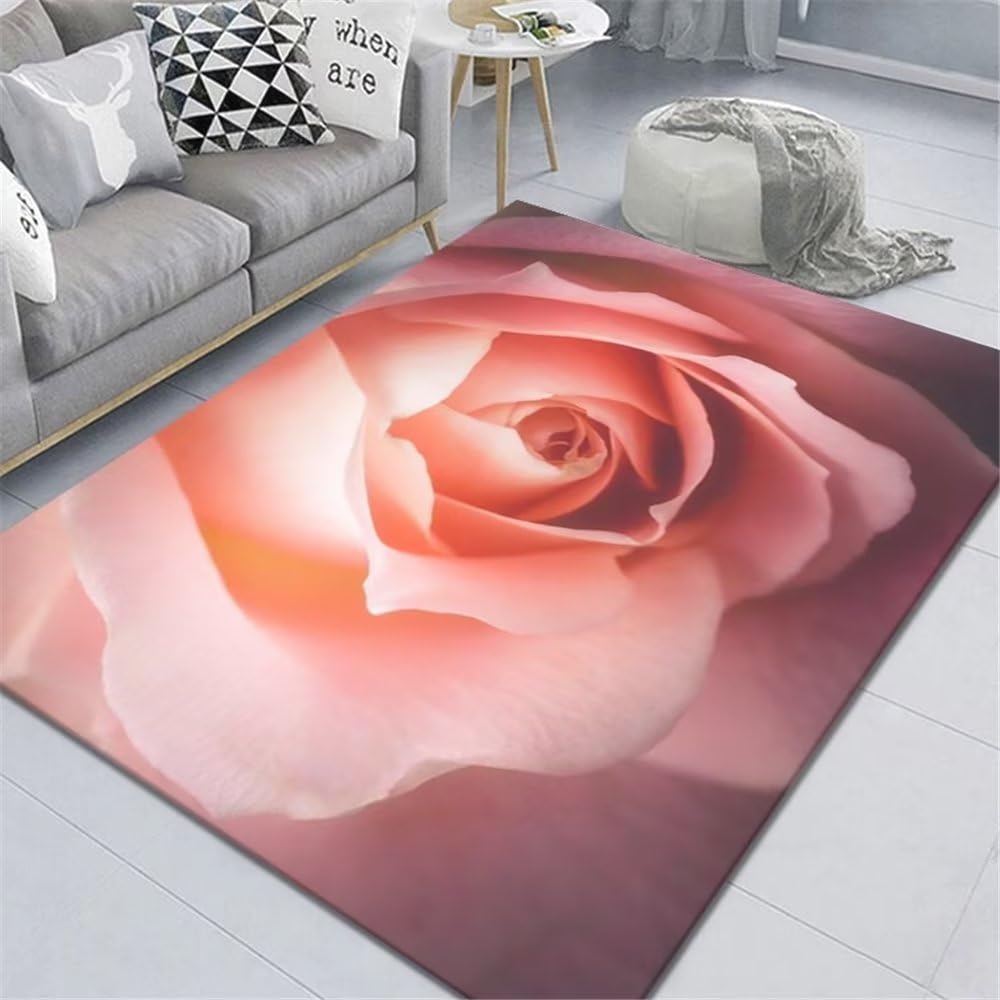 Tapis de salon rose 100x160 cm lavable en machine à motifs de fleurs pour chambre fille et garçon