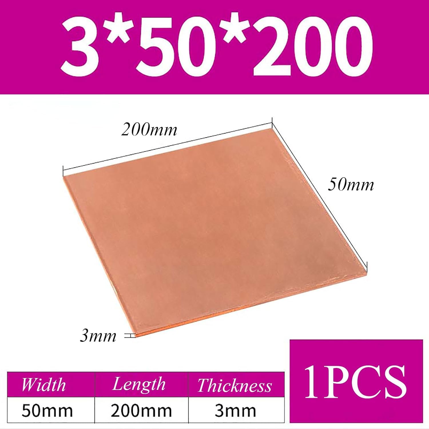 Blacha z czystej miedzi, grubość 3 mm, blacha miedziana do rzemiosła, biżuterii, napraw, elektryki, przemysłu, 3 * 50 * 100 mm(3 * 50 * 200mm)