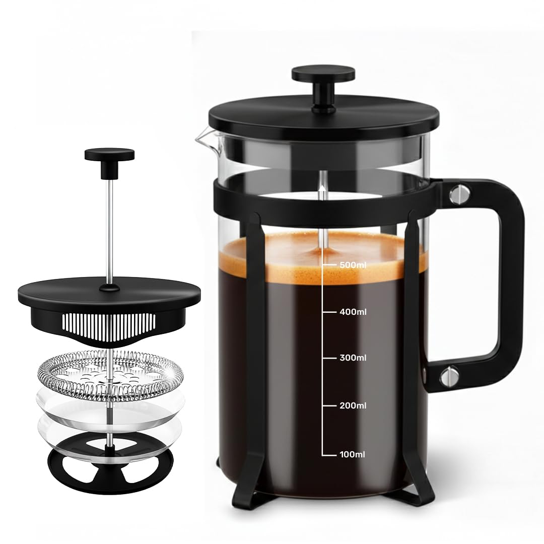 Sleepy Owl French Press Coffee Maker 600ml - Black | Heat Resistant Borosilicate Glass and Double Filtered Perfection for the Perfect Brew | Stainless Steel | Portable | Office & Home-image-5