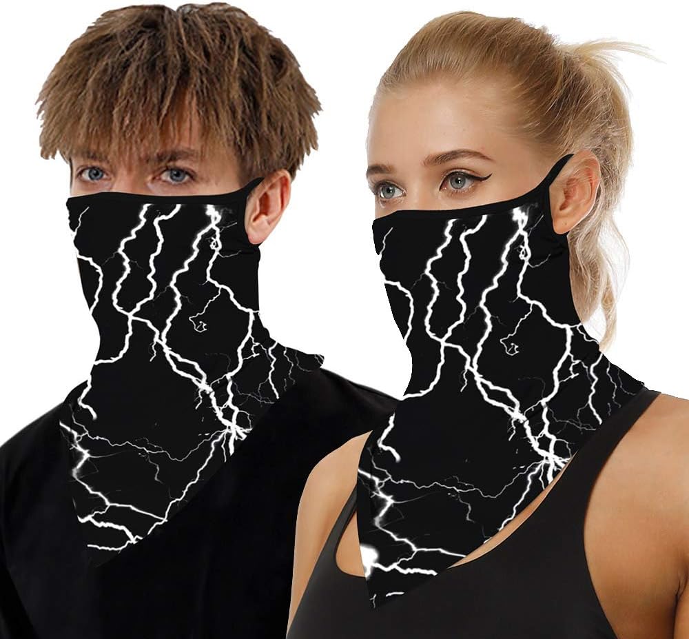 Neck Gaiter with Ear Loops, Bandana Face Mask Scarf Mouth Cover Balaclava Sun Dust Protection for Women Men Outdoor #01 Lightning Black