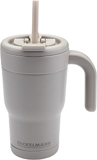 Fackelmann Blossom Harmony Isoliertrinkbecher 540 ml – Edelstahl mit keramischer Innenbeschichtung, auslaufsicherer Trinkhalm & Verschlussclip, Graubeige