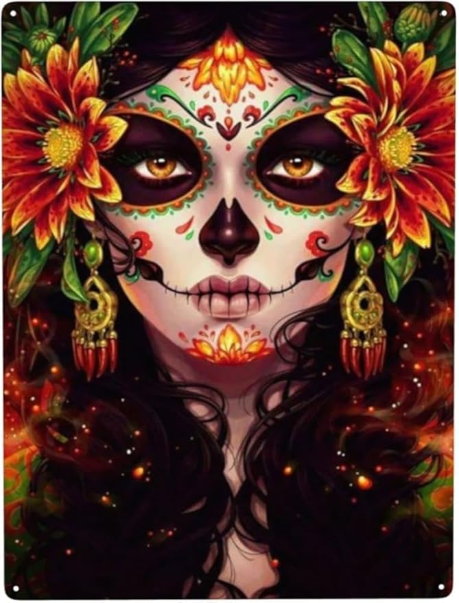 Sugar Skull Metal Tin Sign Decor Pub Home Vintage Retro Poster Cafe Art Tin Sign Home Wall Decoration Gift For Women Men 6x8 inch