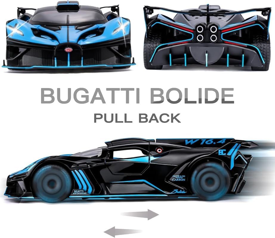 Image of PINQUE Kids New Car 1:24 Big Bugatti Bolide Diecast Alloy Metal Pull Back Car with Openable Doors Music Sound and Light Vehicle Toy for Boys (Blue)