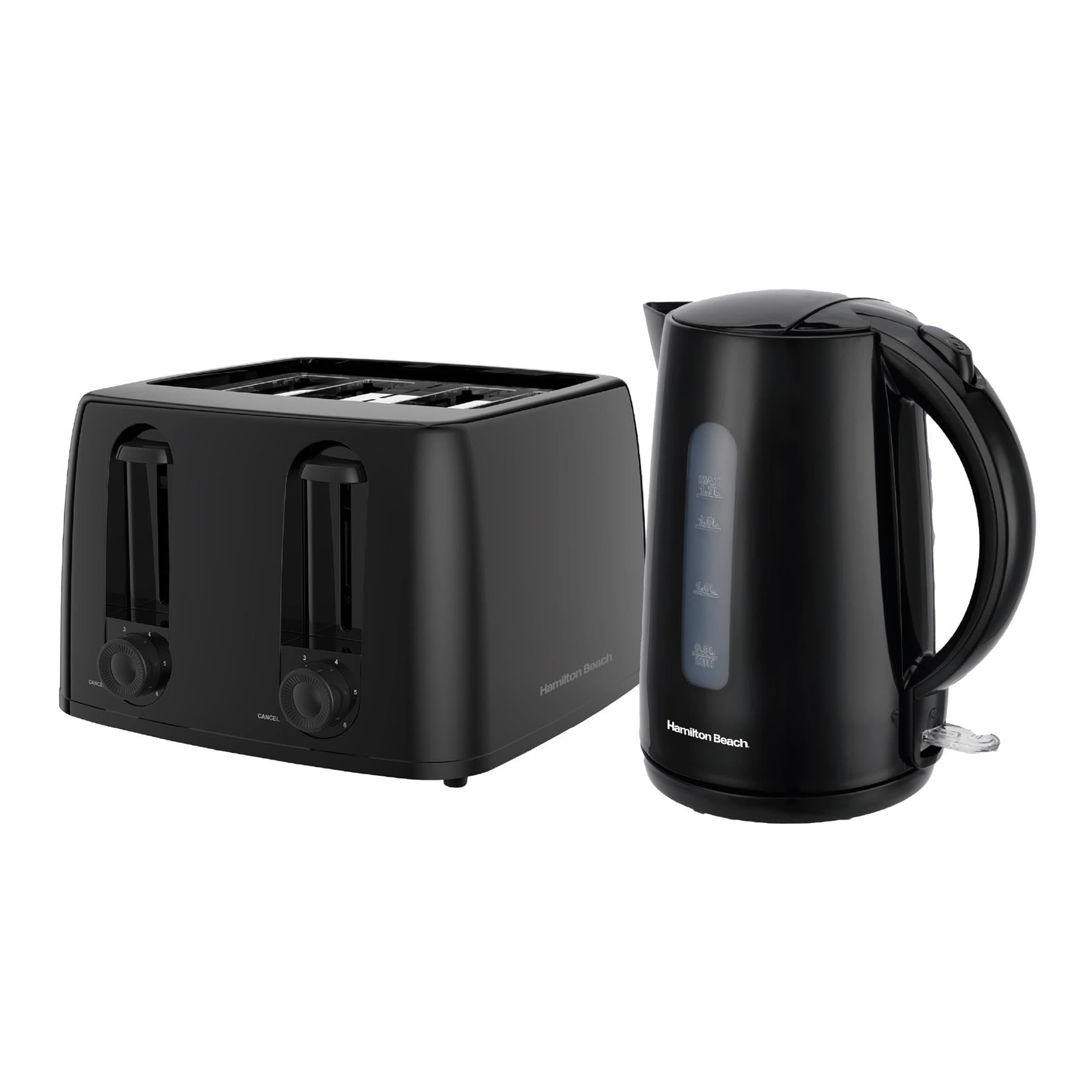 Hamilton Beach Kettle and Toaster Set, Electric Kettle, 1.7L, Toaster 4 Slice, Boil Dry Protection, Fast Boil, Space Saving, 7 Browning Levels, Defrost, Reheat & Cancel, Black - HB13015032BST