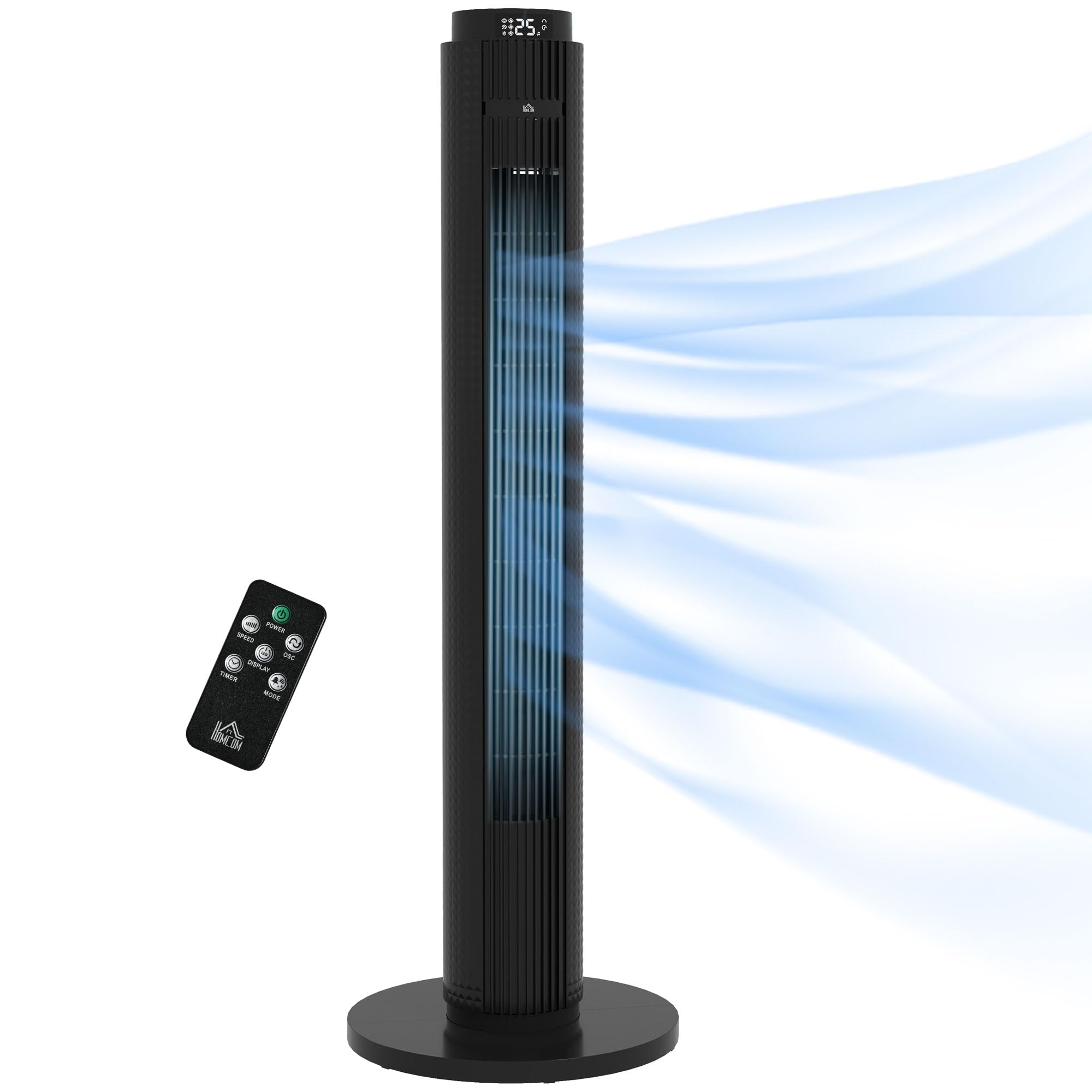 HOMCOM Ventilateur Colonne Silencieux 45 W, Ventilateur Tour pour Chambre à Coucher, 4 Modes, 3 Vitesses, Télécommande, Oscillant 70°, Minuterie 12H, Écran LED et Mode Veille, 96H cm, Noir