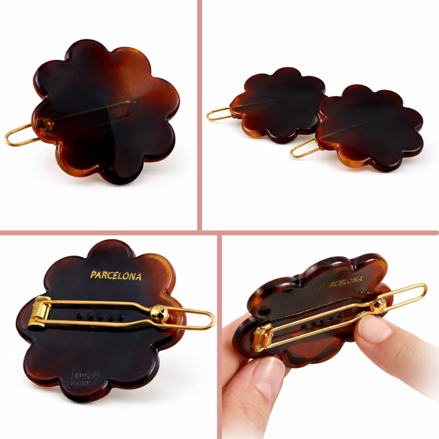 Parcelona Flower Hair Clips for Women and Girls 1.5 Inch Set of 2 Cellulose Acetate Tortoise Shell Slide Pins with Tige Boule Clasp for Fine Hair