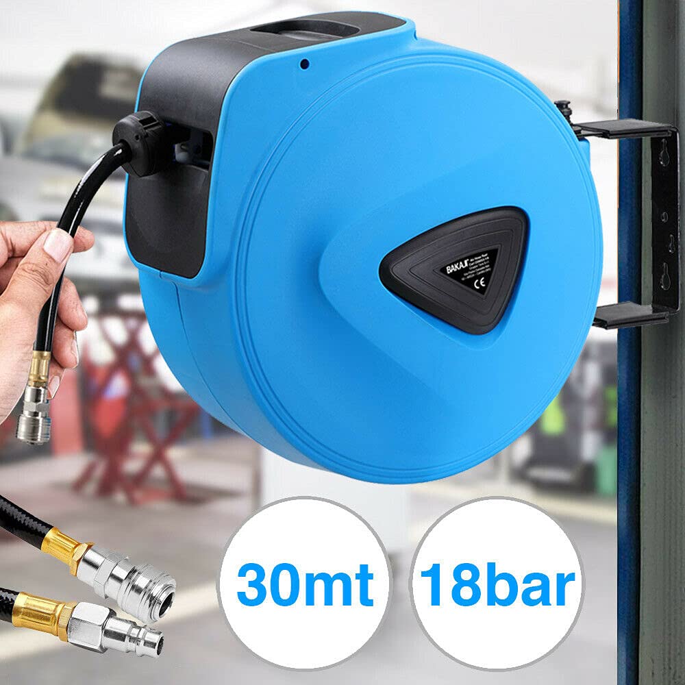 Bakaji Enrouleur de tuyau d'air comprimé avec tuyau 30 m raccord 1/4" fixation murale système verrouillage automatique, gain de place, accessoire compresseur d'air comprimé, pression maximale 18 bar