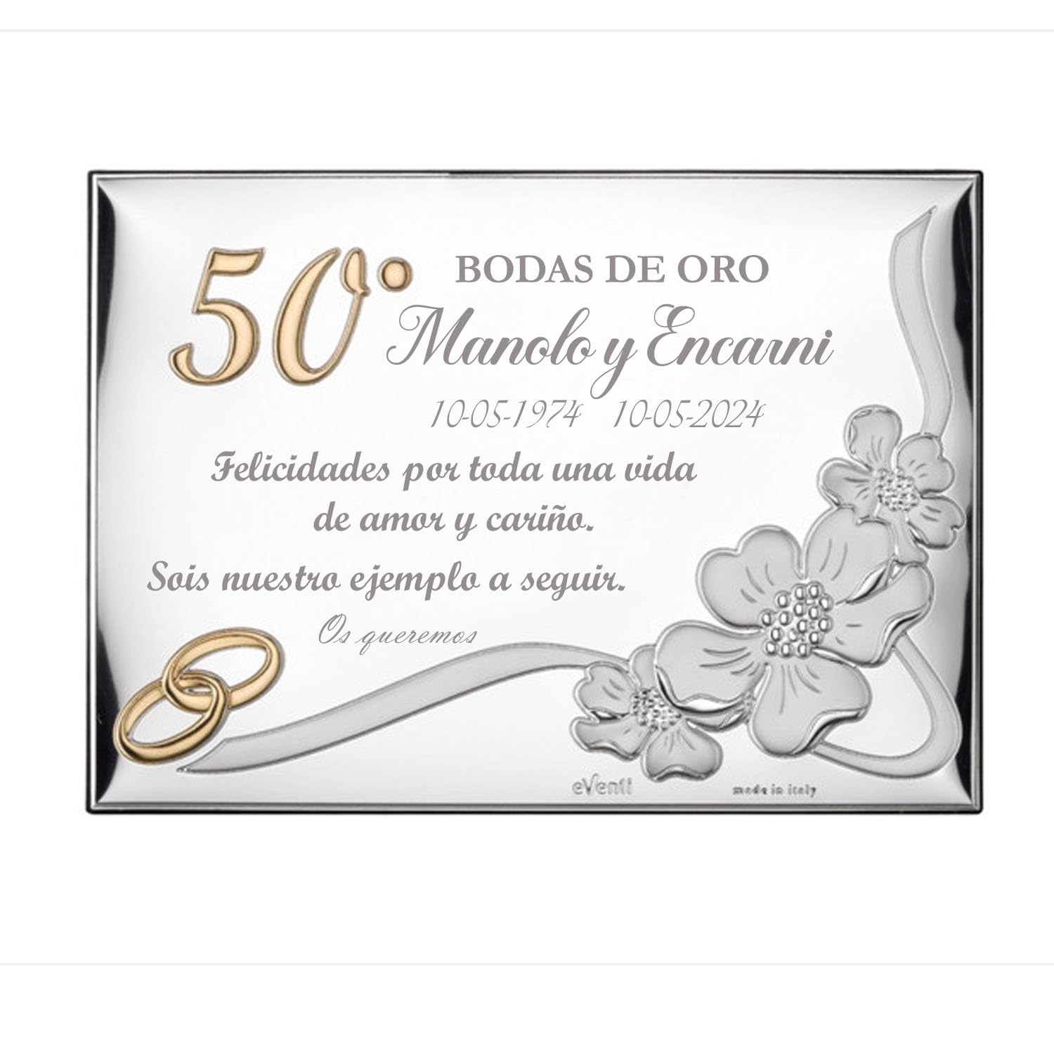 Curia Grabador Placa Conmemorativa 50 Aniversario - Regalo Bodas de Oro Personalizado - Grabado Personalizado con Nombres y Fecha, Dedicatoria Especial. Modelo Felicidad